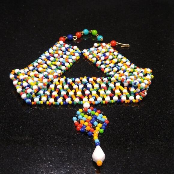 Hong Kong Hand Made Small Beaded Collar Necklace, Boho Seed Beads, 14 1/2 Inches - Picture 4 of 10